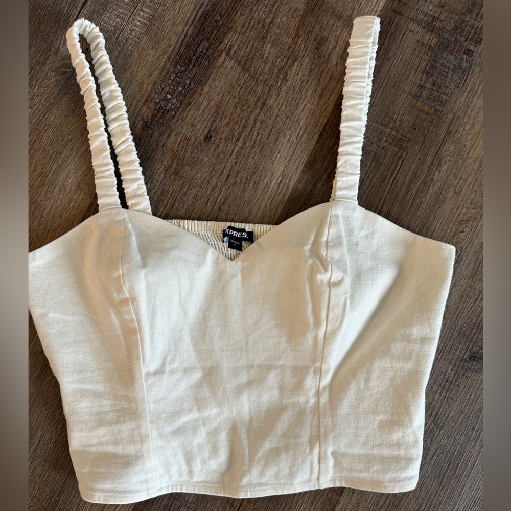 Express Linen White Crop Top Sweetheart Neck | Medium